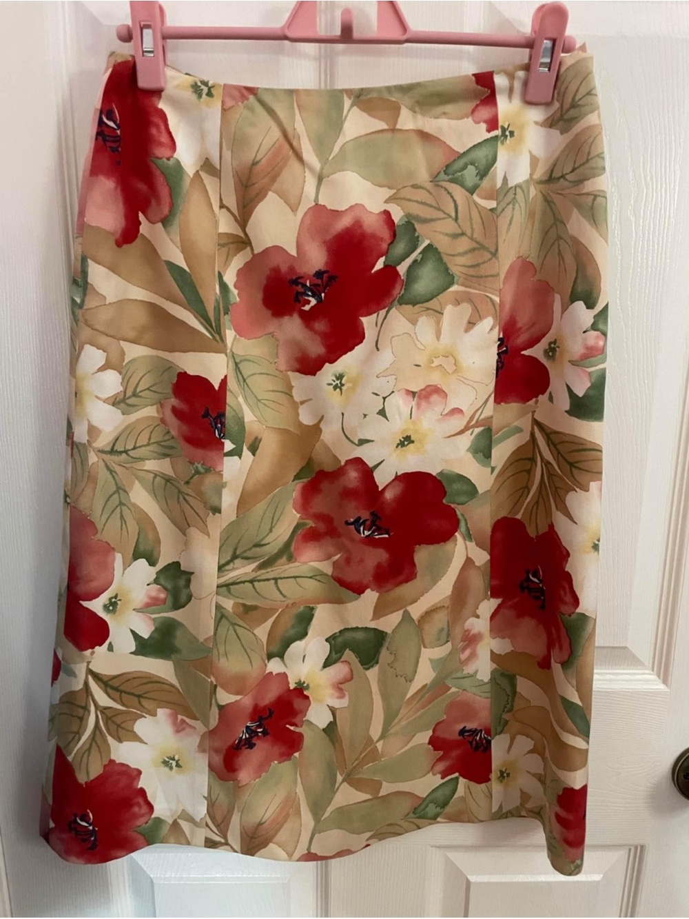 Talbots Red Floral A-Line Silk Skirt with Green Leaves